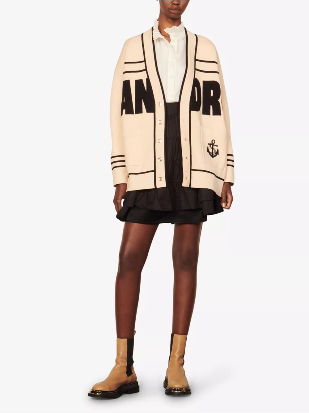 Sandro Cream Cardigan with Black Graphic Trim